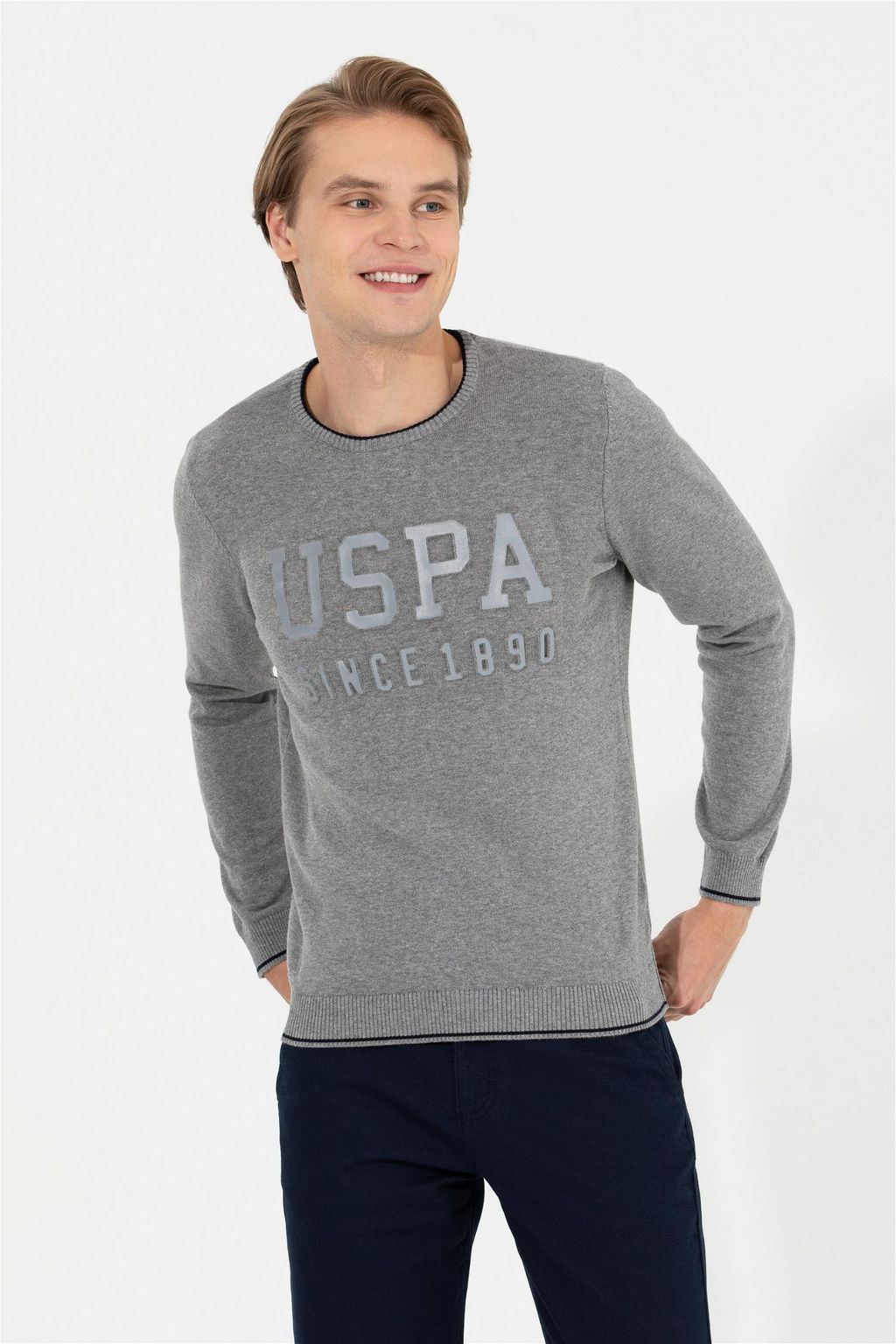 U. S. Polo Assn Мужской серый меланжевый трикотаж с круглым вырезом - U.s. polo assn фото 7