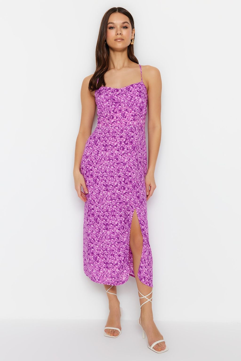 Lila Cicek Desenli Duz Kesim S?rt Detayl? Dokuma Elbise TWOSS23EL02295 - Trendyolmilla фото 2