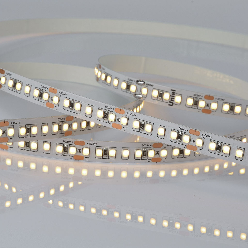 ULS-2835-168LED/m-10mm-IP20-DC24V-14W/m-5M-3000K Гибкая светодиодная лента на самоклеящейся основе. Катушка 5 м. в герметичной упаковке. Белый свет (3000K). ТМ Uniel.