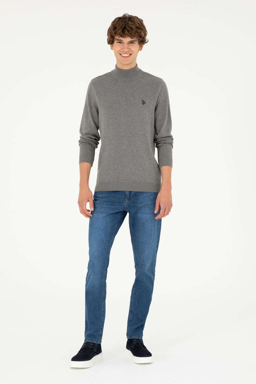 Свитер U.S. Polo Assn Slim Fit полуводолазка серый меланж из хлопка
