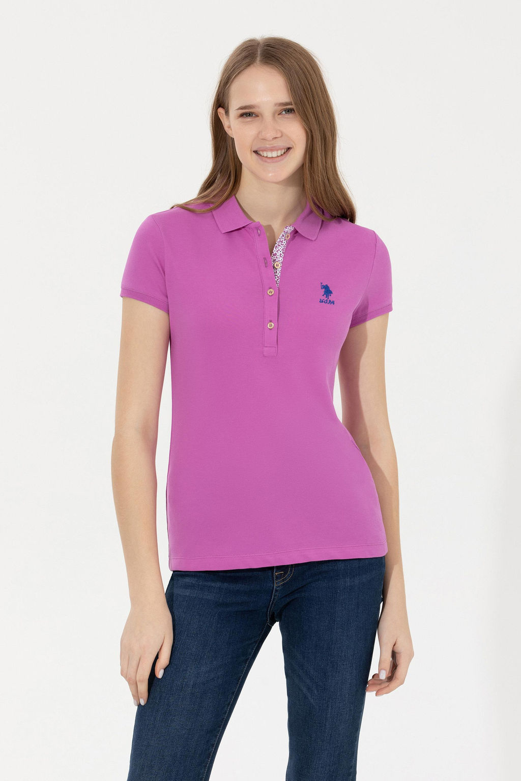 Женская фиолетовая базовая футболка с воротником-поло Неожиданная скидка в корзине - U.s. polo assn фото 7