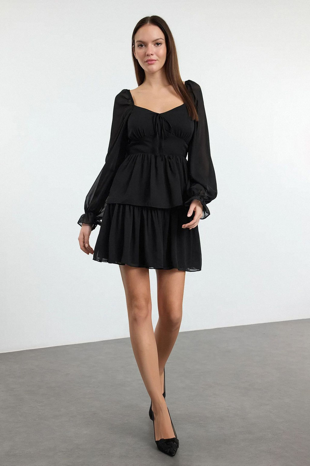 Siyah F?rf?rl? Mini Astarl? Sifon Ucus Ucus Dokuma Elbise TWOAW23EL01455