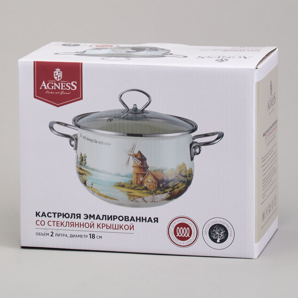 КАСТРЮЛЯ AGNESS ЭМАЛИРОВАННАЯ СО СТЕКЛЯННОЙ КРЫШКОЙ СЕРИЯ LAVANDER CATS, 2,0 Л ДИА. 18СМ  фото 2