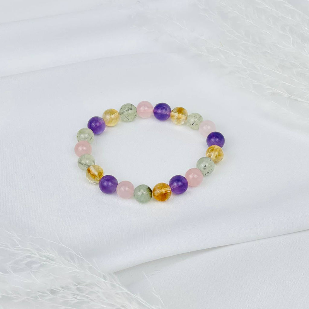 Браслет из Пренита, Аметиста, Розового кварца и Цитрина 17 см