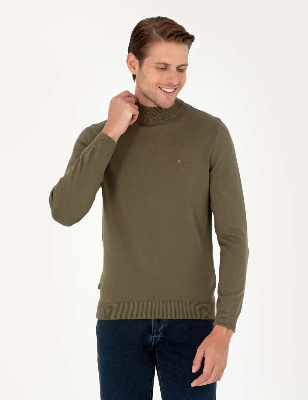 Koyu Haki Slim Fit Yar_m Bal_k__ Yaka Basic Triko Kazak