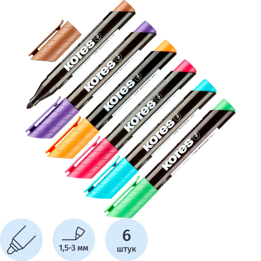 Маркер перманентный KORES набор 6 цв. 1,5-3 мм круглый наконечник '20902  фото 2