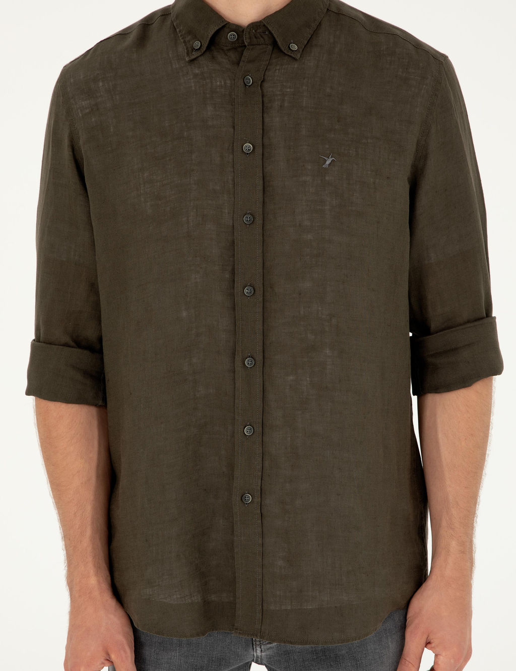 Koyu Haki Regular Fit %100 Keten G_mlek