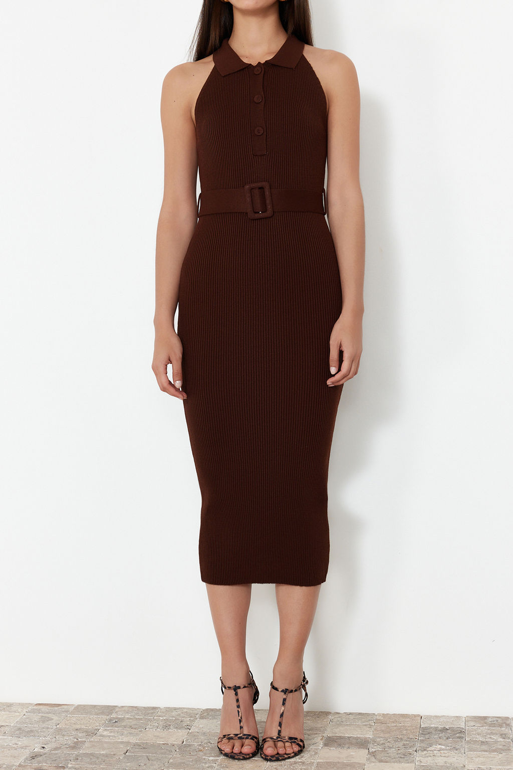 TRENDYOLMILLA Mavi Midi Triko Kemer Detayl? Elbise TWOSS22EL1031  фото 5