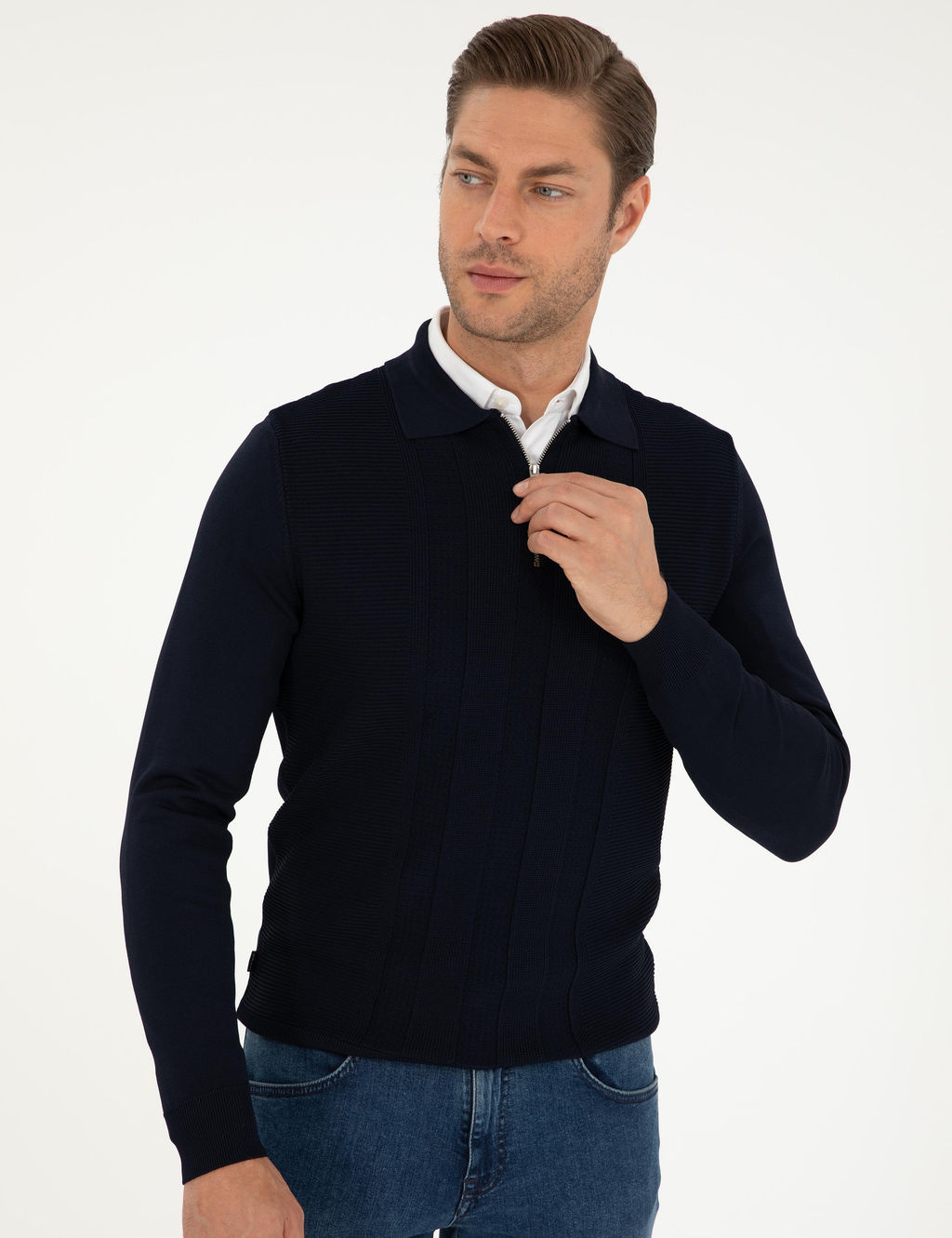 Lacivert Regular Fit Fermuarl_ Polo Yaka Triko Kazak