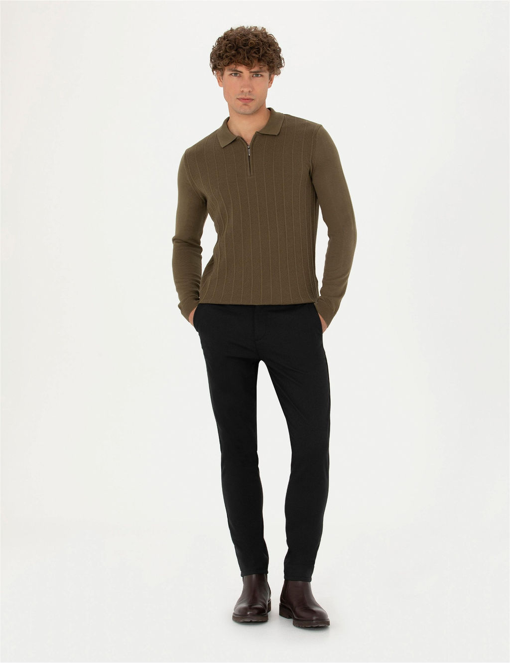 Koyu Haki Slim Fit Fermuarl_ Polo Yaka Triko Kazak