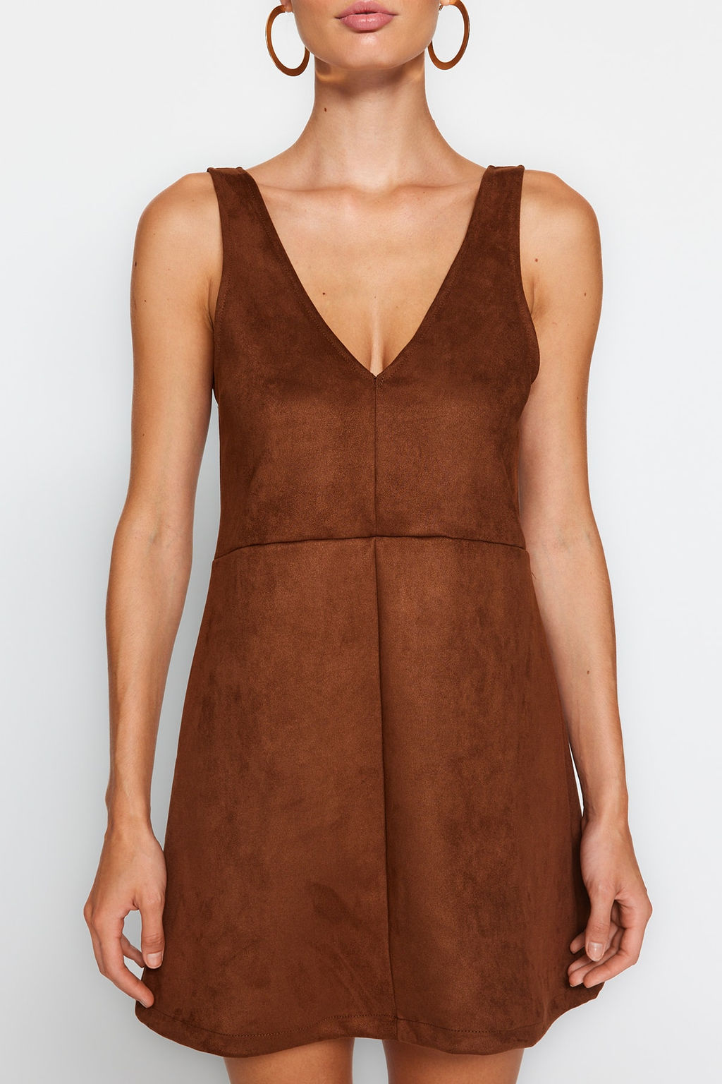 Kahverengi V Yaka Jile Suet Mini Orme Elbise TWOAW24EL00543