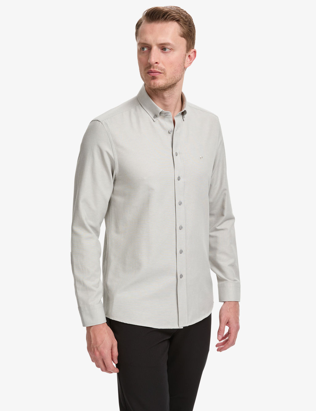 Gri Oxford Slim Fit Kolay _t_lenebilir G_mlek