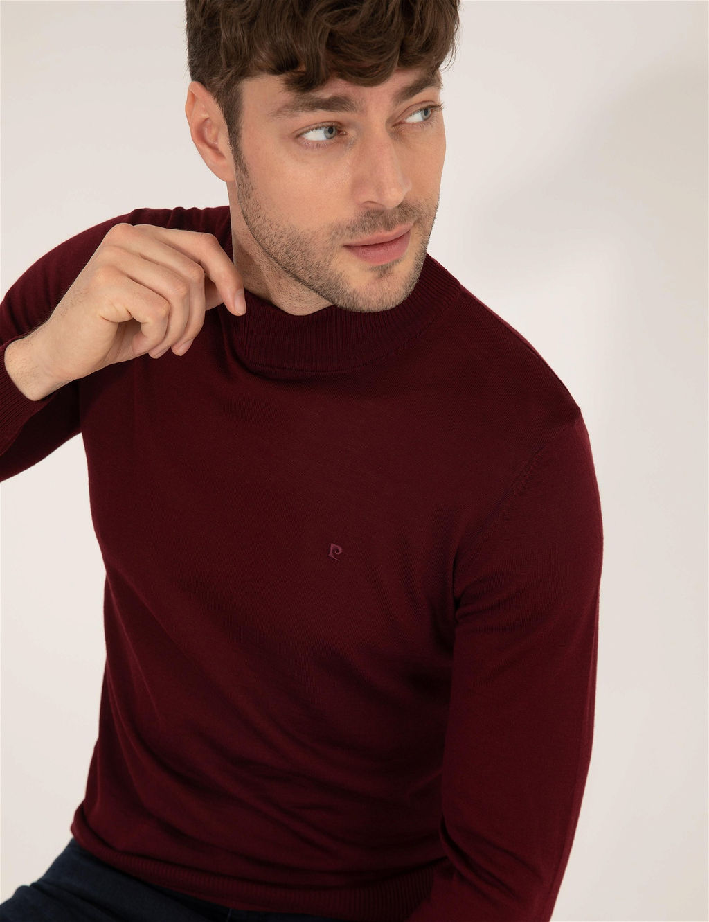 Bordo Slim Fit Yar_m Bal_k__ Yaka Y_n Kar___ml_ Basic Triko Kazak