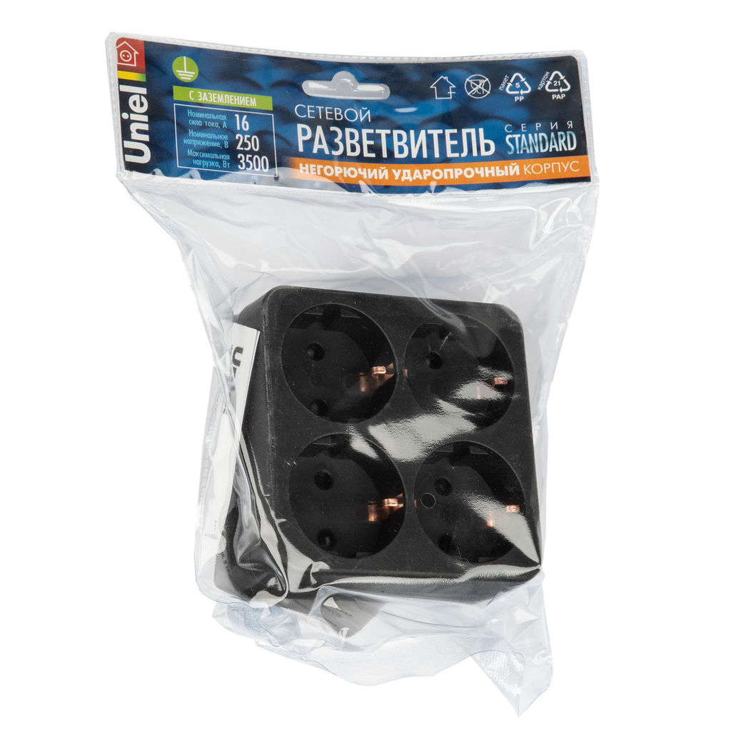 S-GES4-16S BLACK Разветвитель сетевой, с/з. 4 гнезда. 16А, 3500Вт. Черный. ТМ Uniel