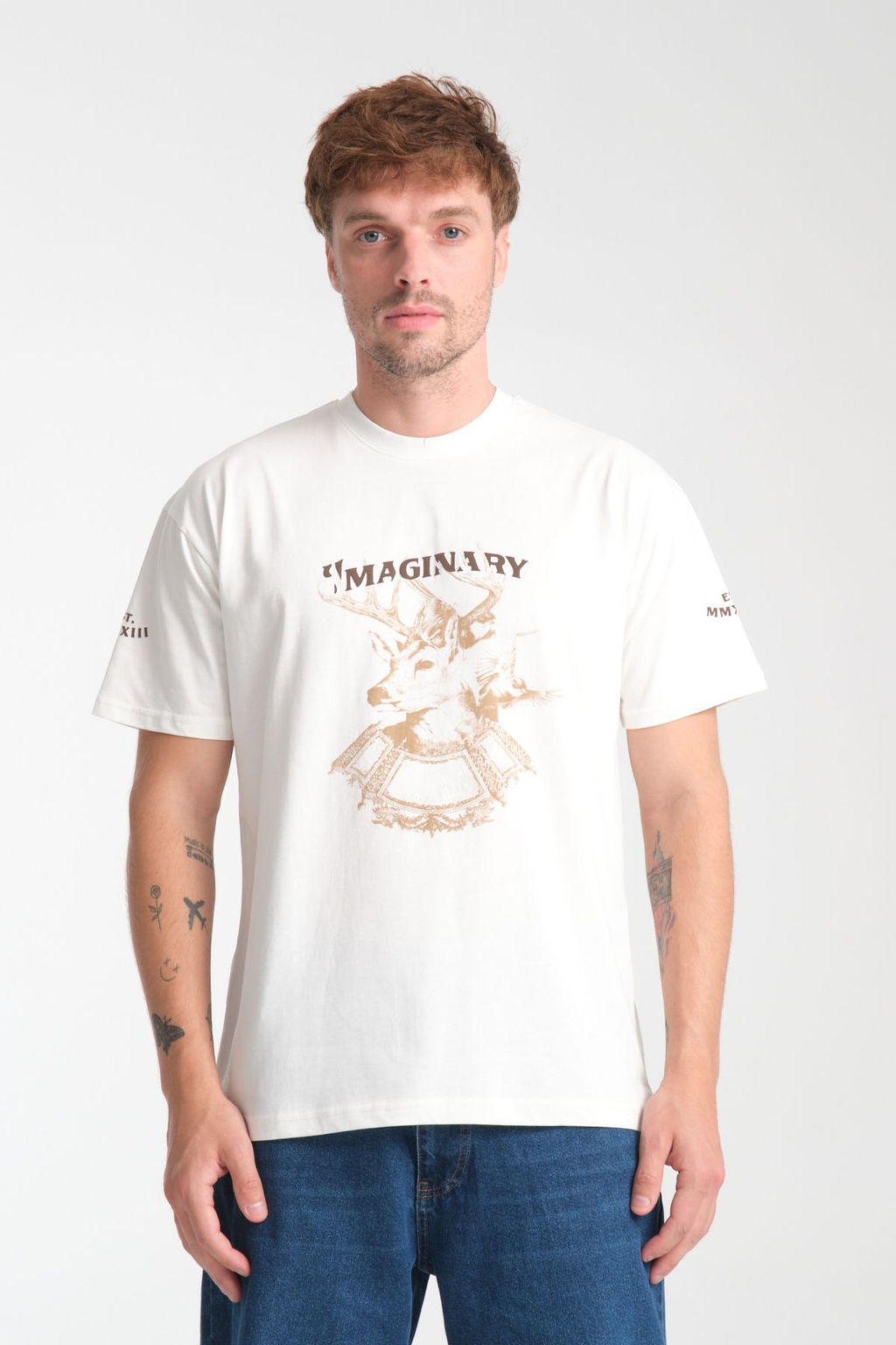 TRENDYOL MAN Beyaz Oversize/Genis Kesim Geyik Bask?l? %100 Pamuk T-Shirt TMNSS25TS00201 - Trendyolmilla фото 3
