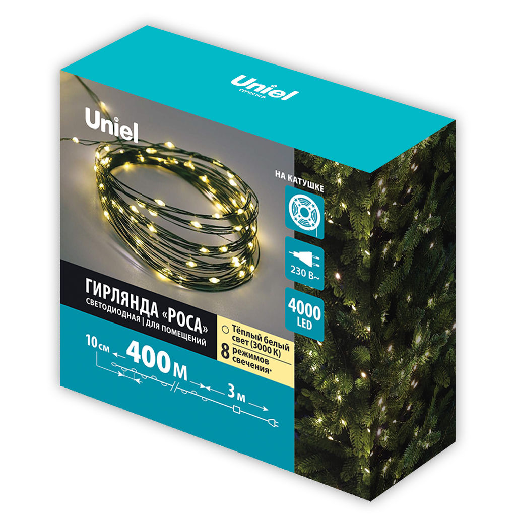 ULD-S40000-4000/DGA WARM WHITE IP20 DEW Гирлянда светодиодная "Роса", 400м. 4000 светодиодов. Теплый белый свет. Провод зеленый. ТМ Uniel