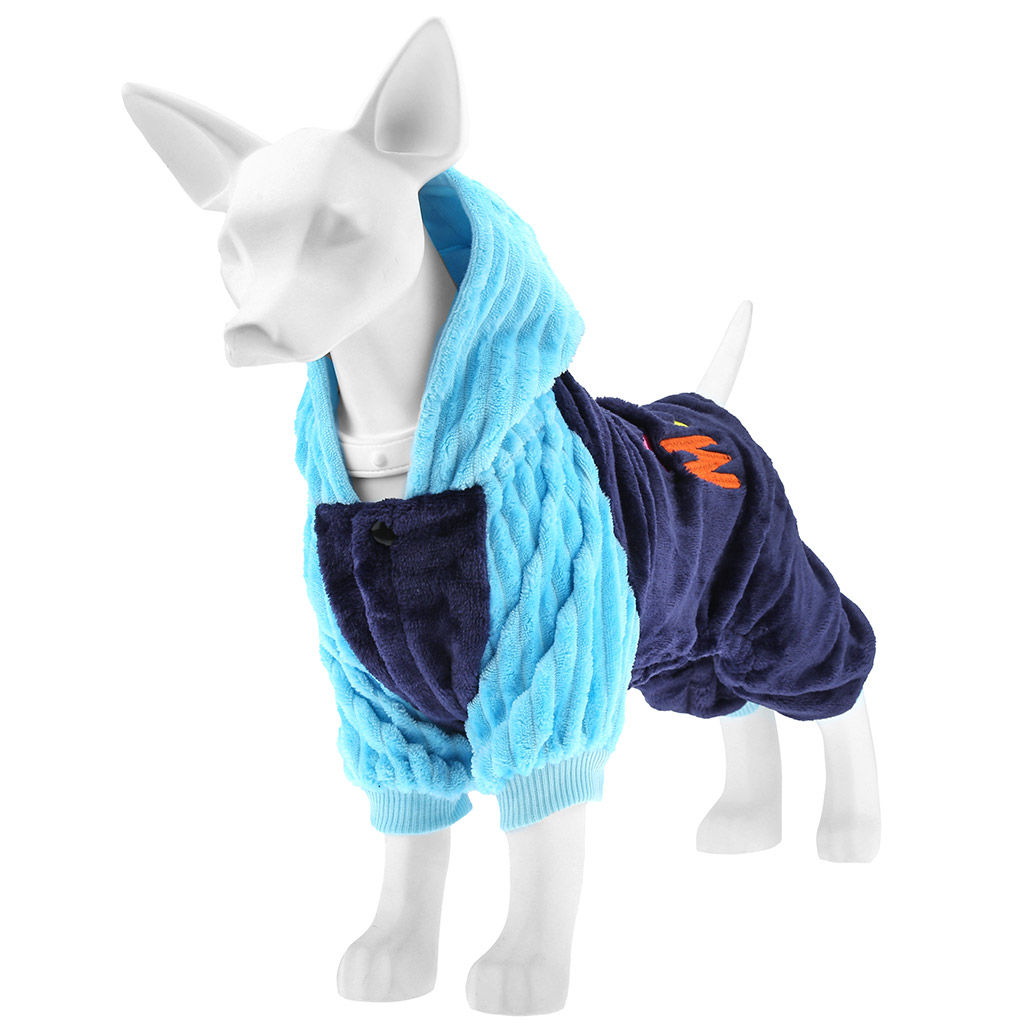 Пэт тойс (Pet toys) Одежда для собаки Комбинезон I Mama/Papa с капюшоном, с принтом, на кнопках, р-р 2XL 48-50см, длина спинки 38см/обхват груди 48см/обхват шеи 38см, цвет-синий с голубым, плюш (100% полиэстер) (Китай) - Домашняя мода фото 4