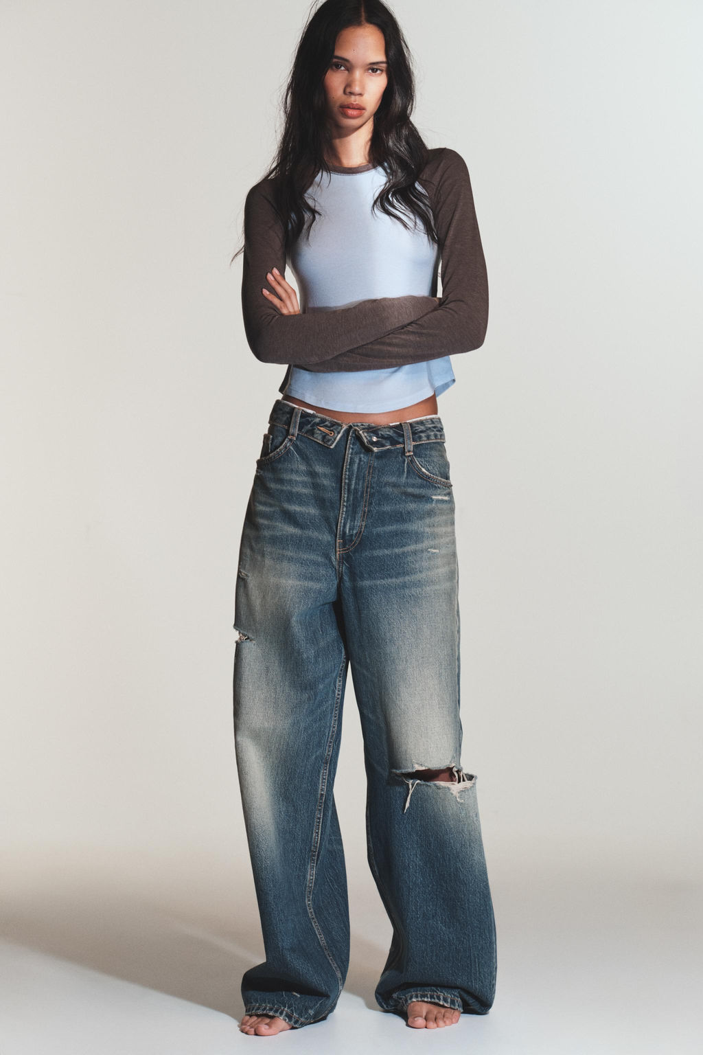 JEANS CINTURA DOBLADA TRF TIRO MEDIO / Azul