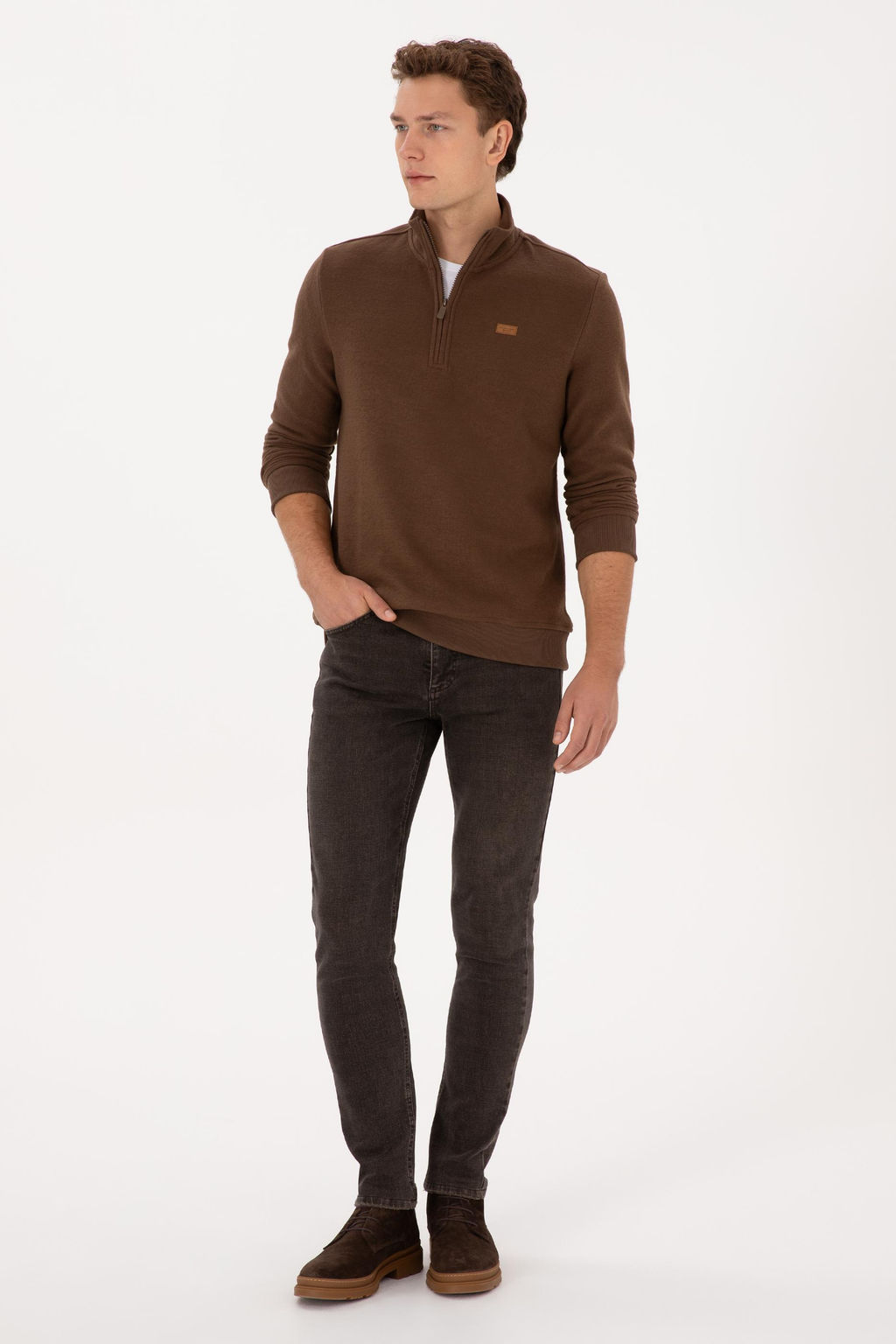 Erkek Regular Fit Yar_m Fermuarl_ Kahverengi Basic Sweatshirt - U.s. polo assn фото 4