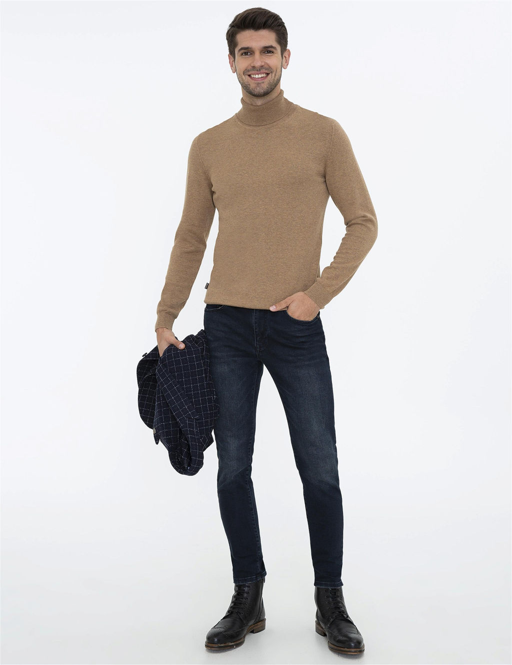Camel Melanj Slim Fit Bal_k__ Yaka Basic Triko Kazak