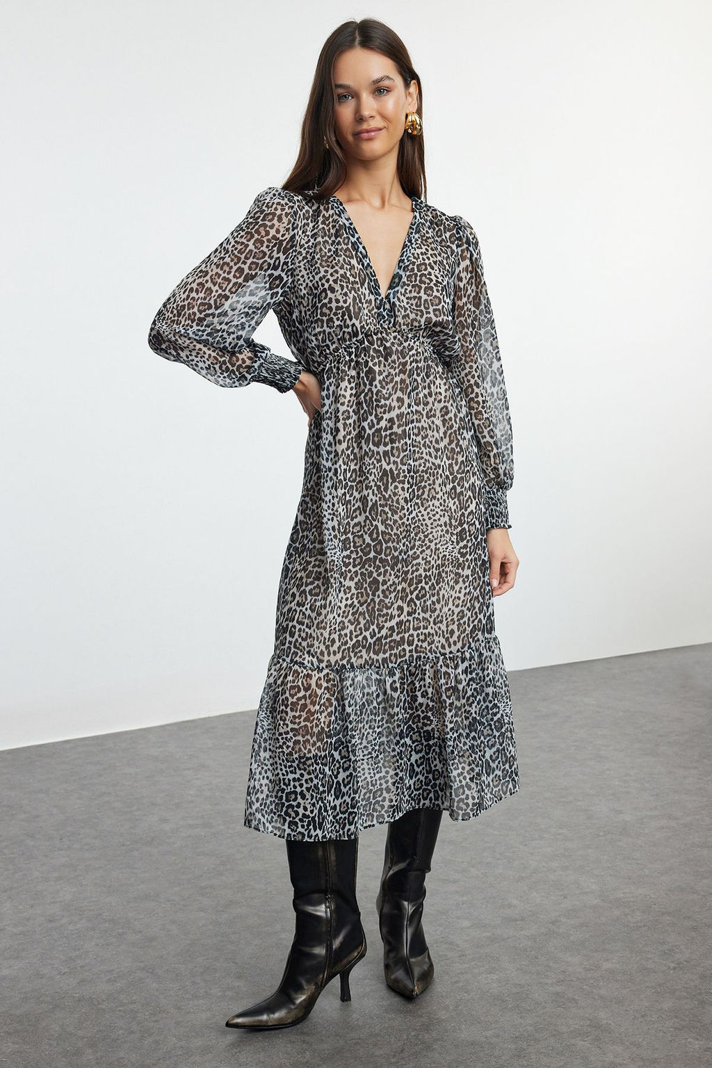 TRENDYOLMILLA Siyah Belden Ac?lan Astarl? Midi Sifon Dokuma Elbise TWOAW24EL00710  фото 13