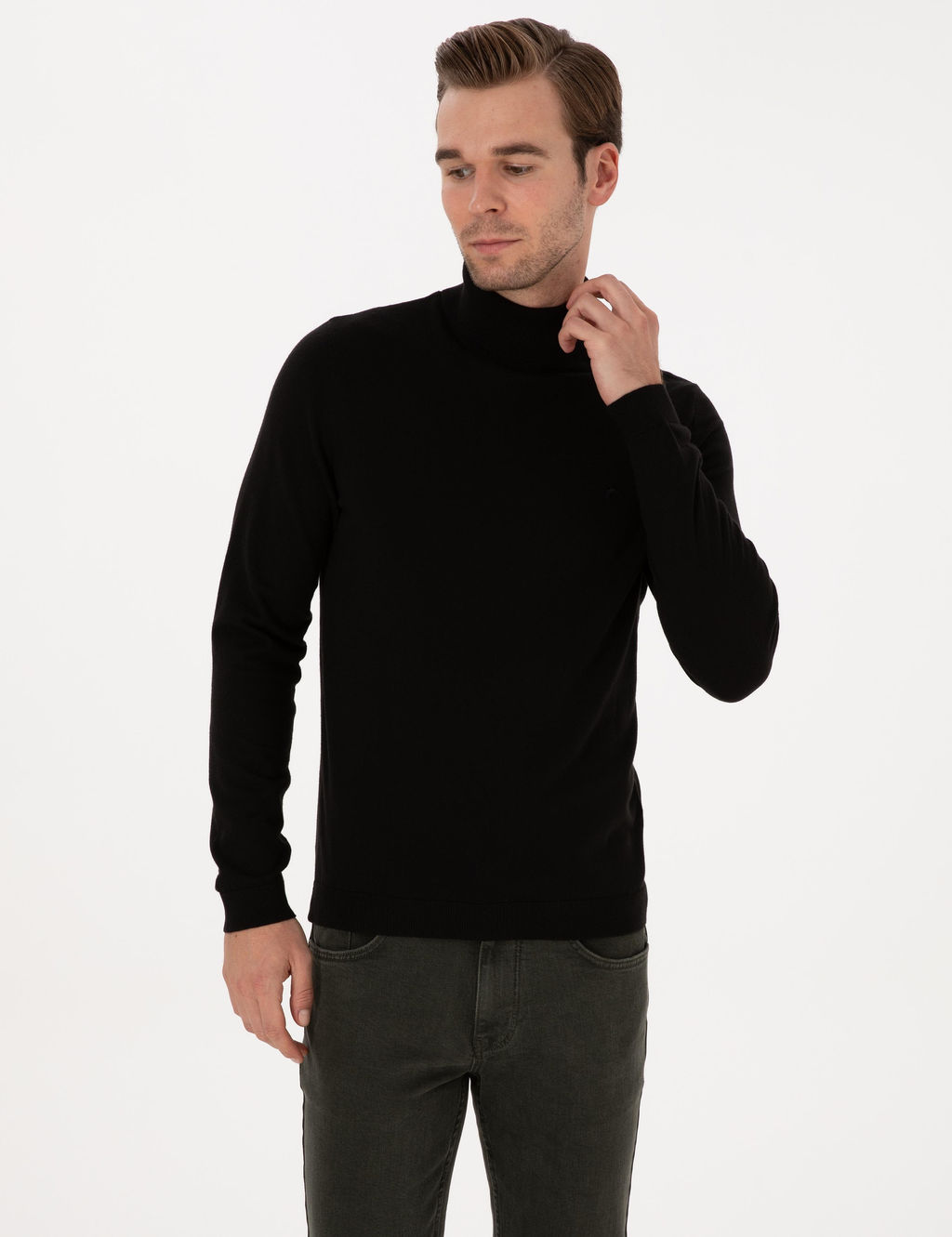 Siyah Slim Fit Bal_k__ Yaka Pamuk Kar___ml_ Basic Triko Kazak