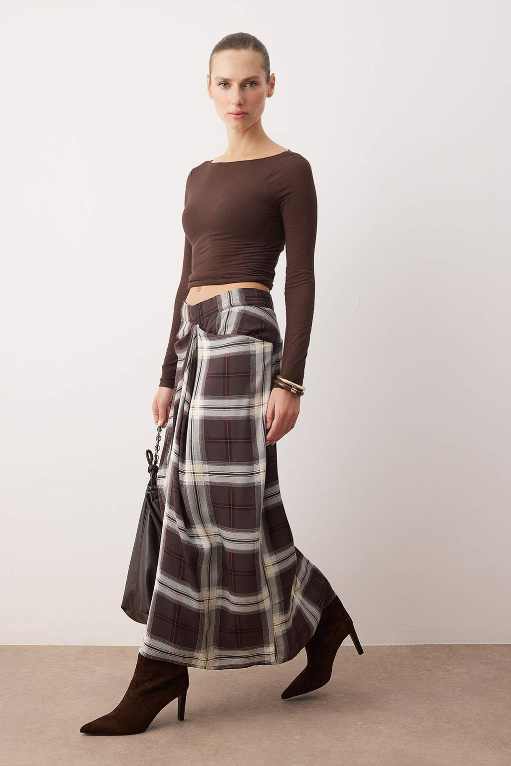 Kahverengi Ekoseli Bel Detayl? Uzun Maxi Etek TWOAW26ET00159 - Trendyolmilla фото 3