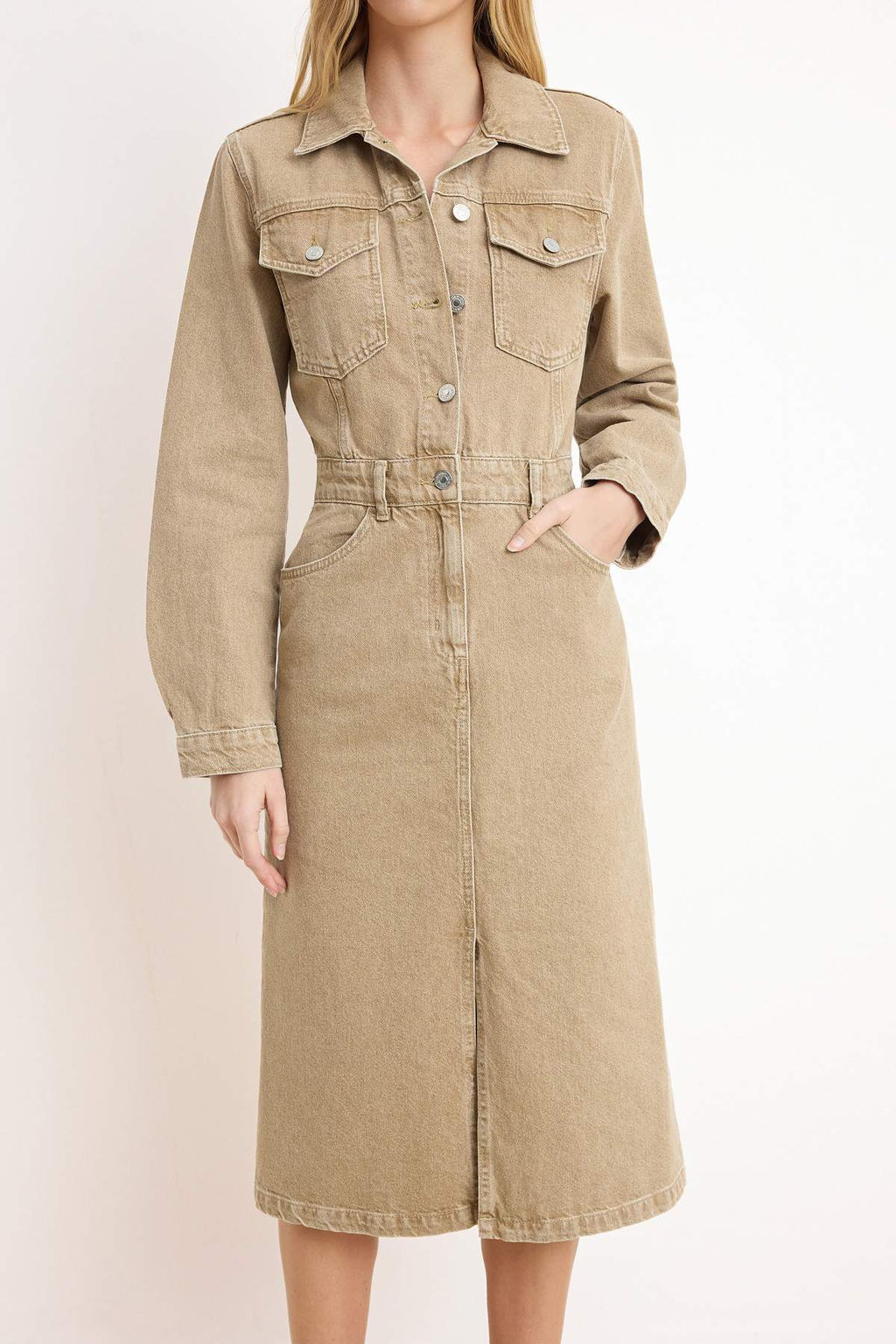 Bej Gomlek Yaka Maxi Denim Elbise TWOSS26EL00039