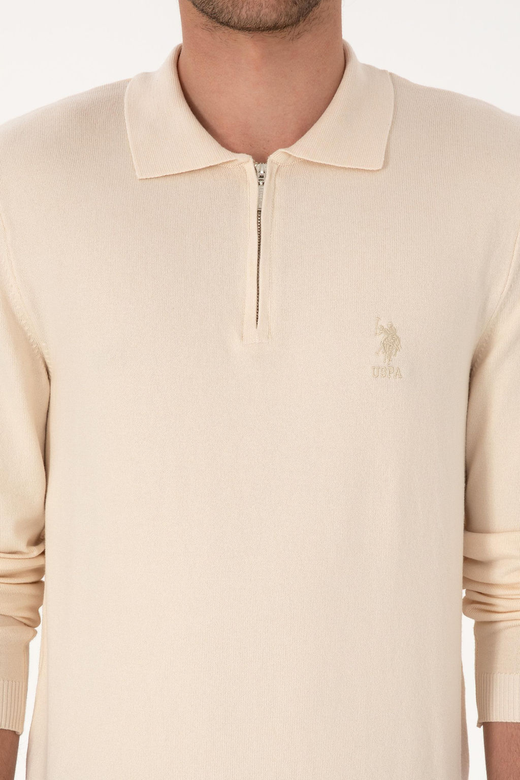 Erkek Slim Fit Yar_m Fermuarl_ Polo Yaka Krem Kazak