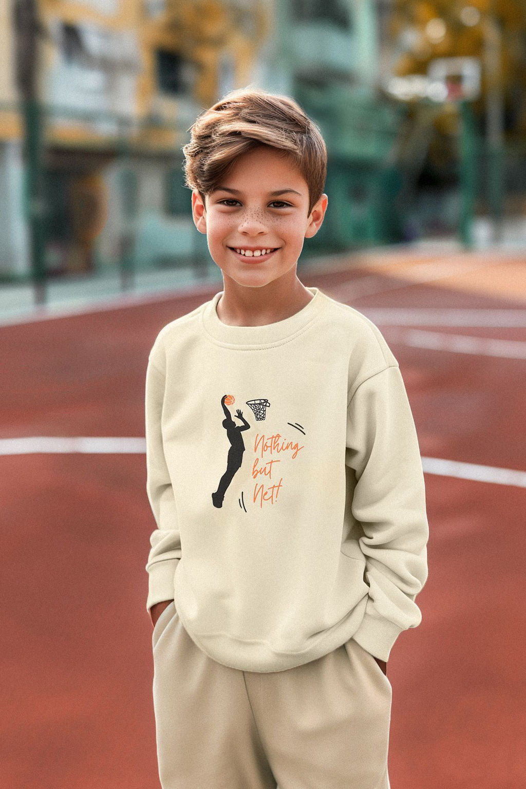 Bej*001 Erkek Cocuk Mevsimlik-Ince Basketbol Desenli Bisiklet Yaka Orme Sweatshirt TKDAW25SW00005