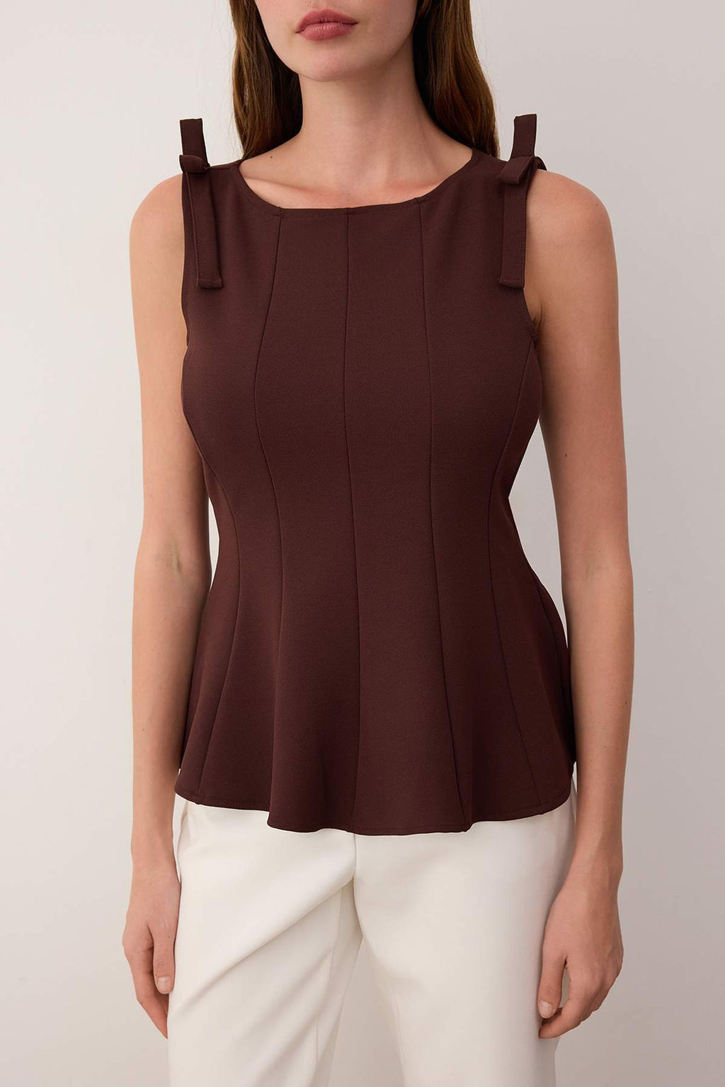 Kahverengi S?f?r Kol Peplum Belden Oturmal? Omuz Fiyonk Detayl? Orme Bluz TWOSS25BZ00482