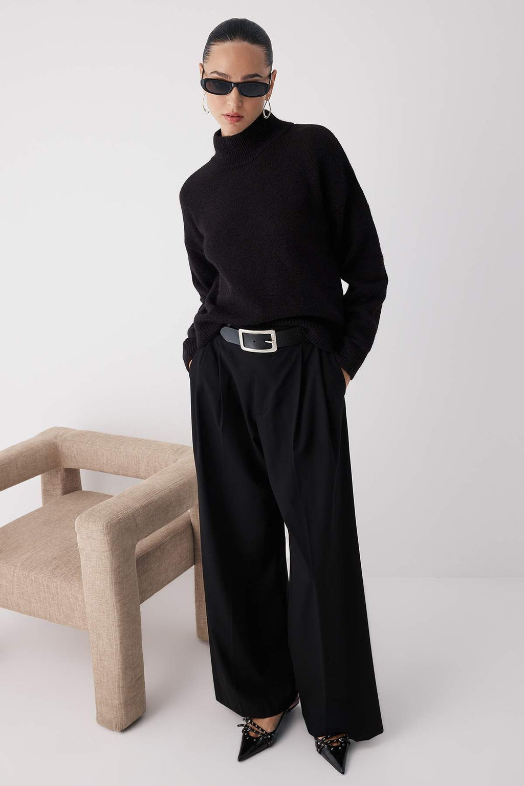 Wardrobe Essentials Siyah Alpaka Yun Kar?s?ml? Premium Iplik Genis Kal?p Triko Kazak|TWOAW26KZ00079
