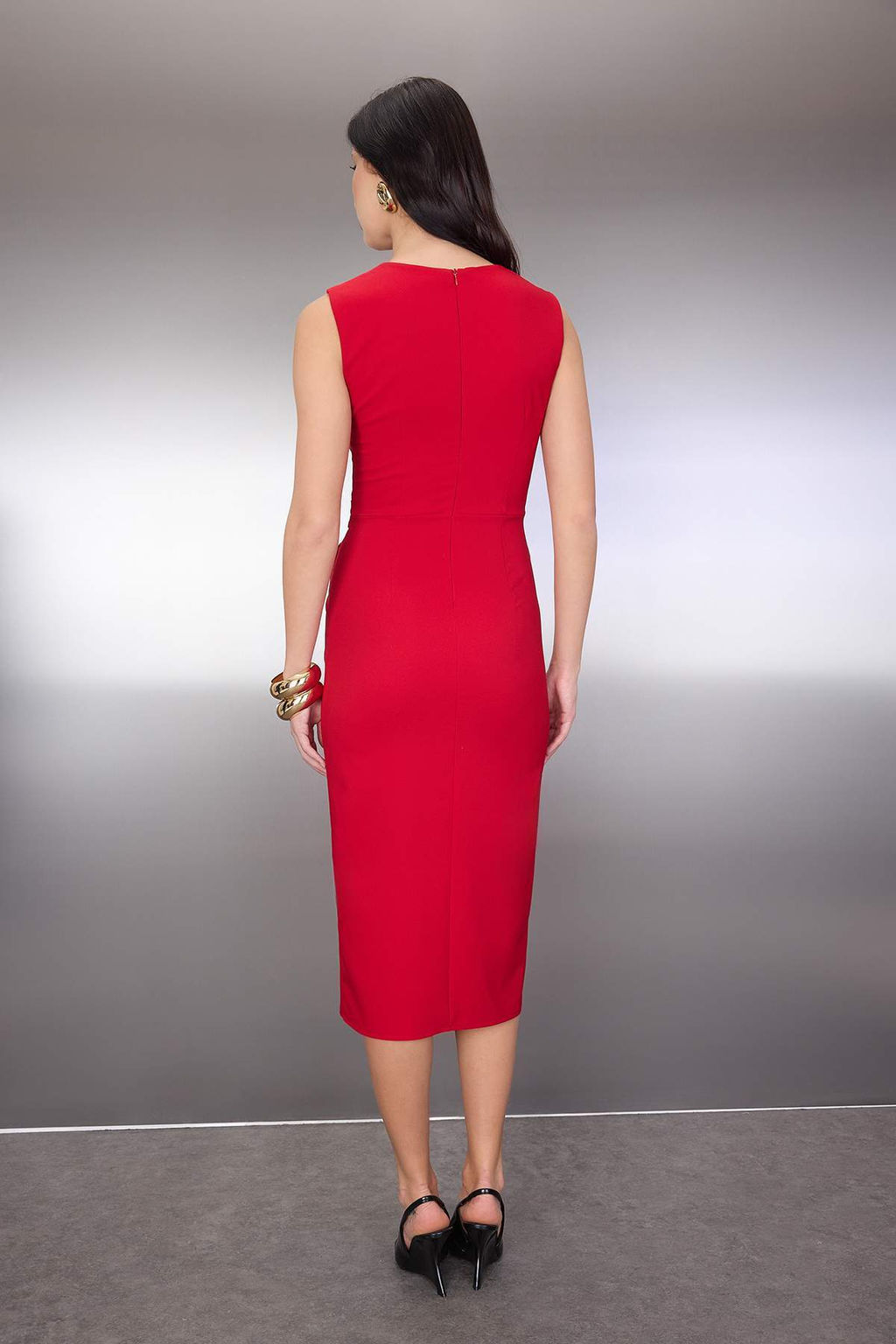 K?rm?z? Kemerli Duz Aksesuar Detayl? Midi Dokuma Elbise TWOAW26EL00073