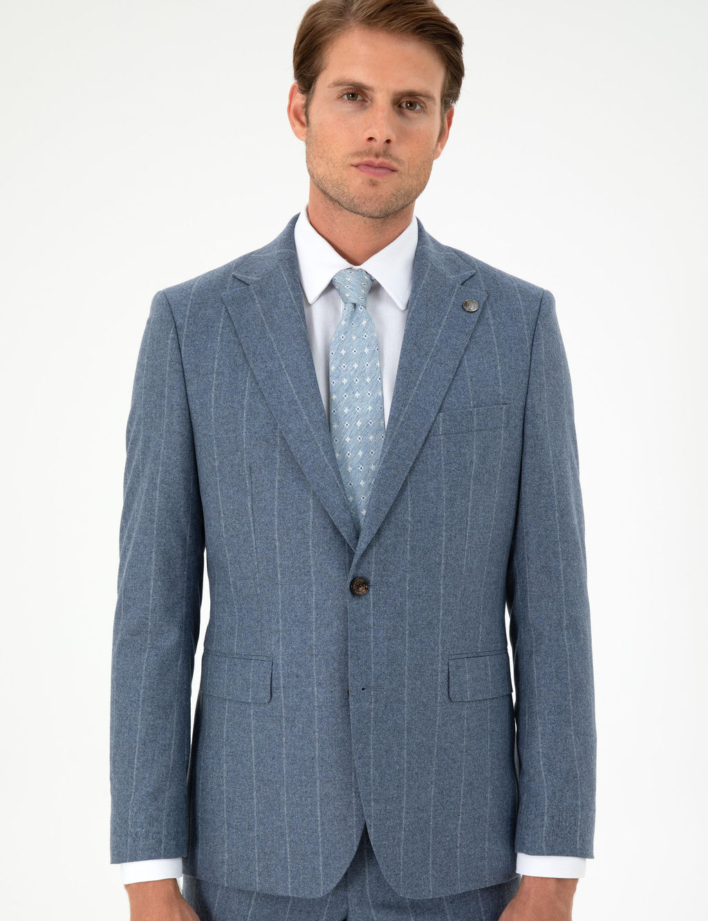 Koyu Mavi Slim Fit _izgili Y_n Ka_mir Kar___ml_ Tak_m Elbise