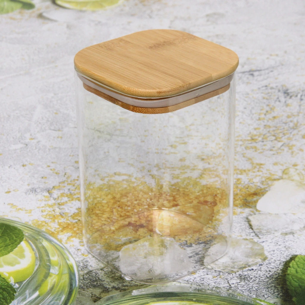 Банка для продуктов стеклянная 700мл "Хай-Тек" с бамбуковой крышкой и ложкой, квадратная 8*15см