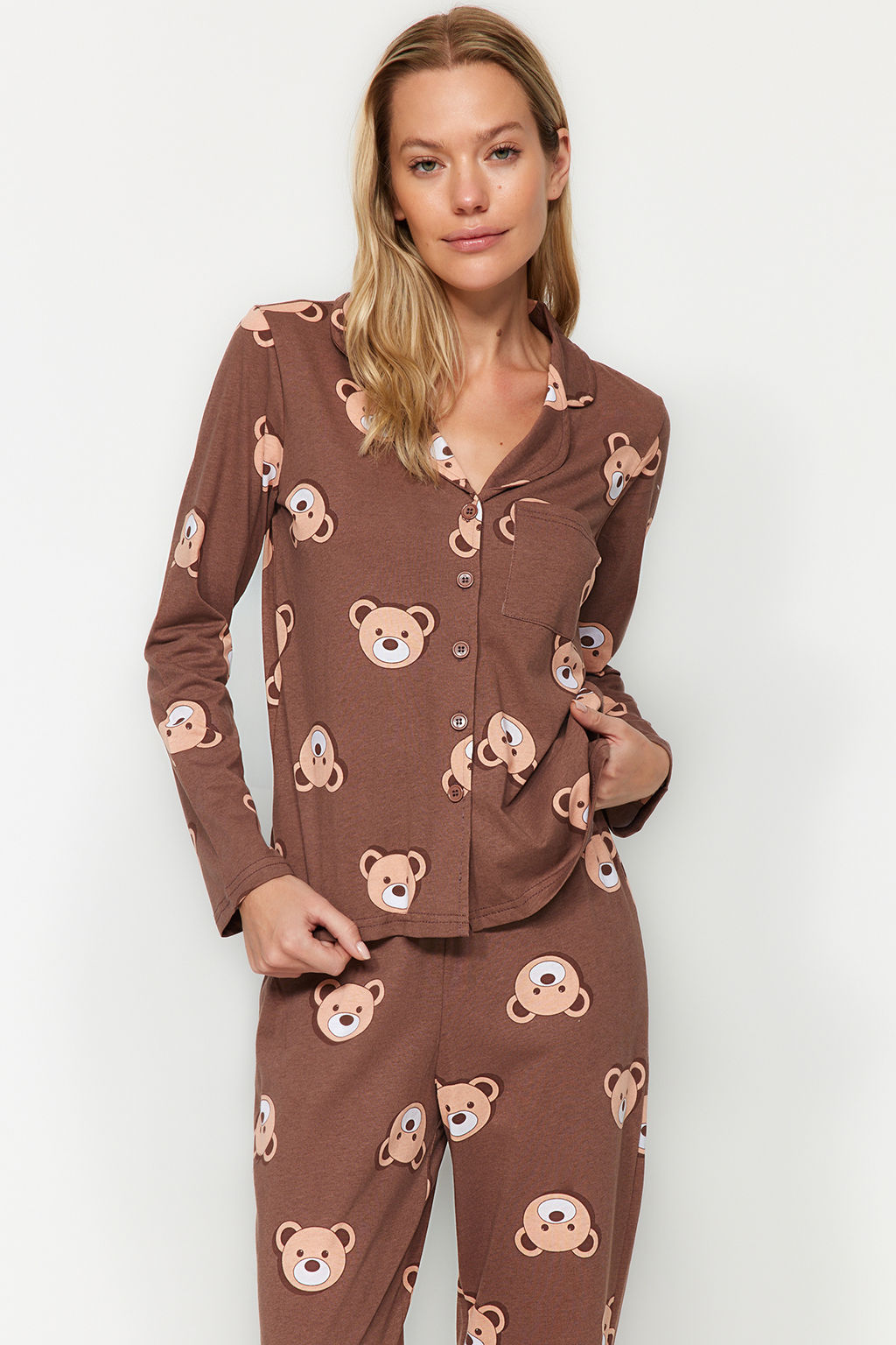 Trendyolmilla Ekru %100 Pamuklu Ay?c?kl? Gomlek-Pantolon Orme Pijama Tak?m? THMAW24PT00002 фото 3