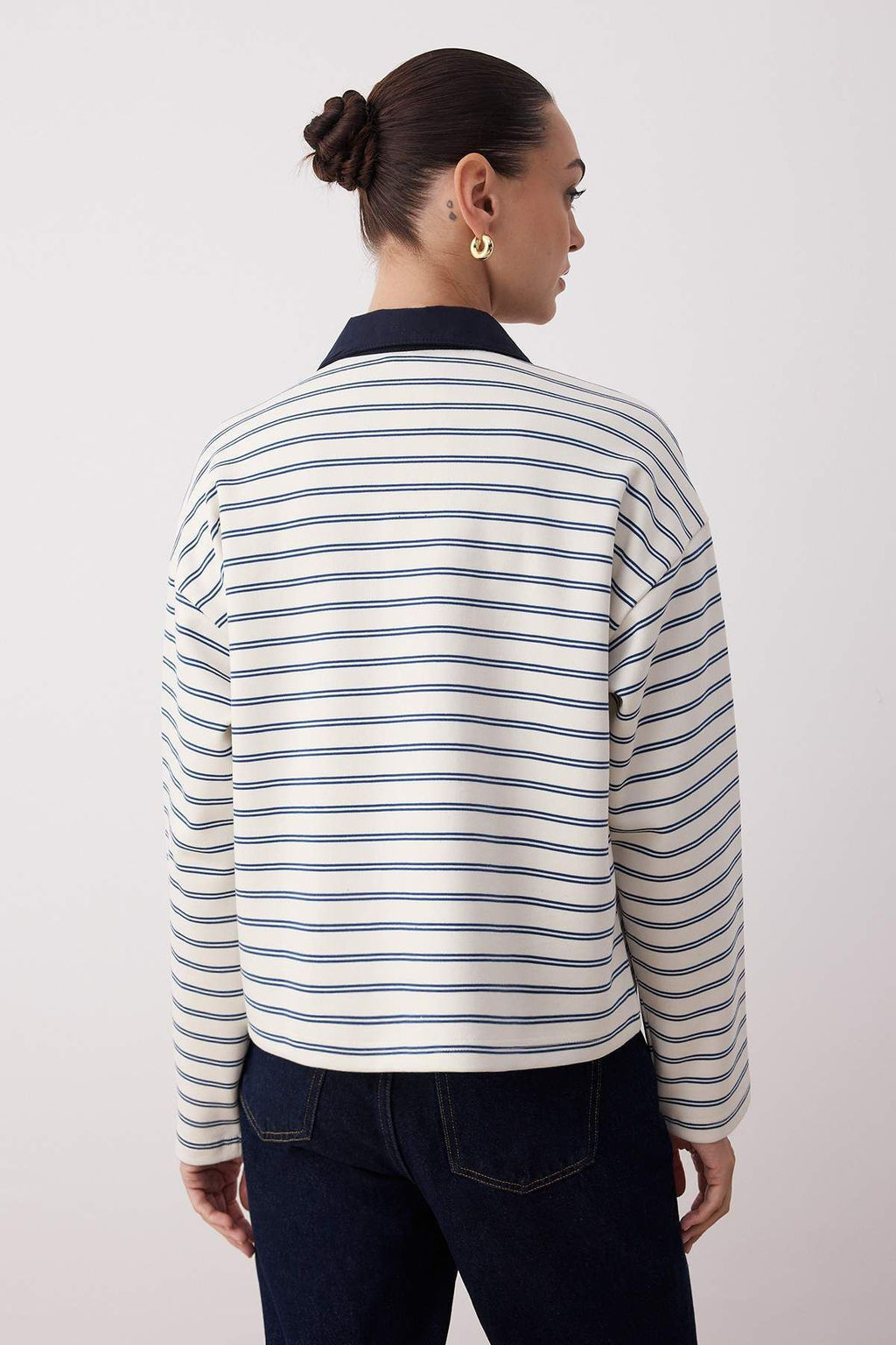 Ekru Cizgili More Sustainable Dokuma Yaka Detayl? Regular Orme T-shirt/Sweatshirt TWOAW26TS00004 - Trendyolmilla фото 8