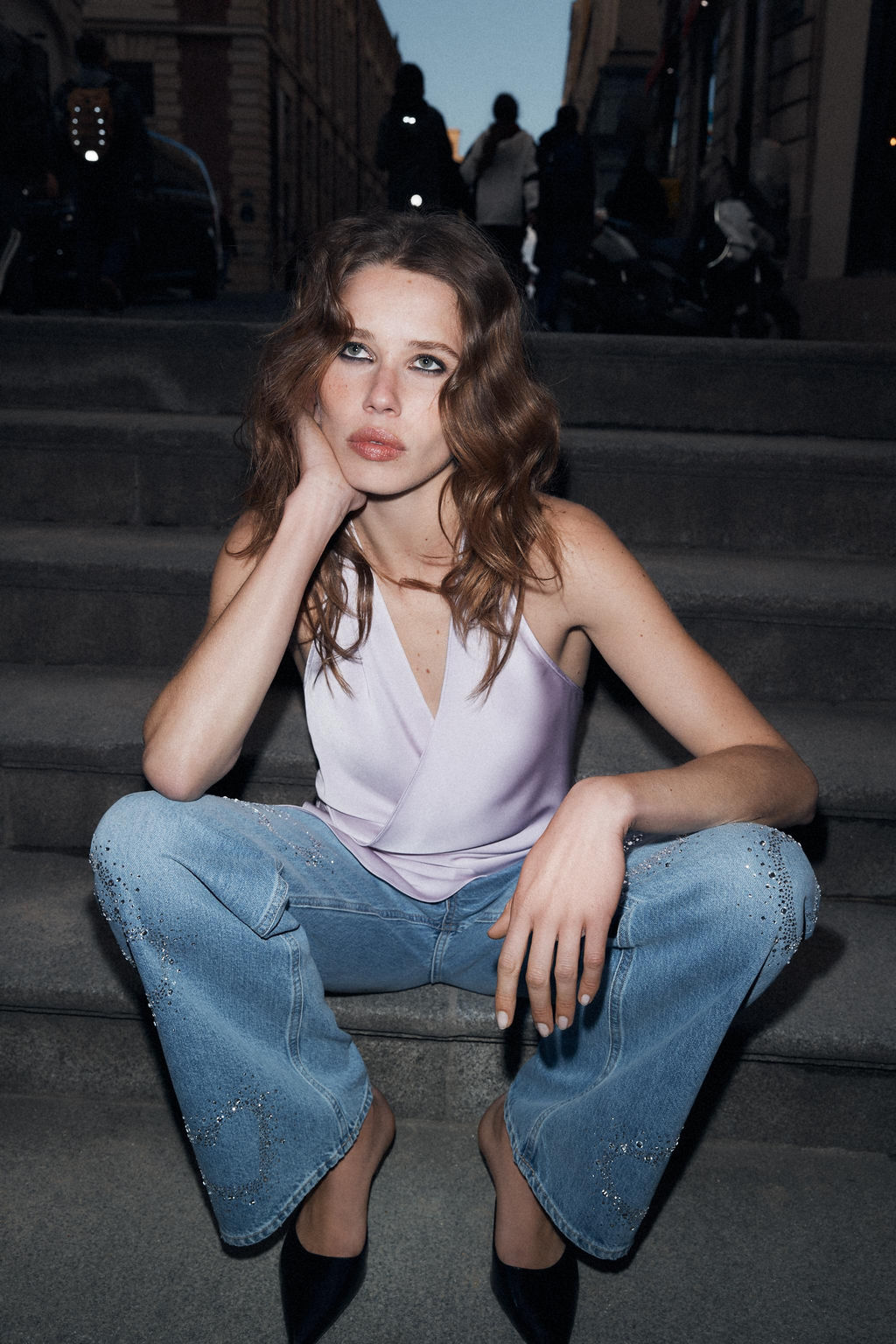 JEANS TRF WIDE LEG TIRO BAJO BRILLOS / Azul