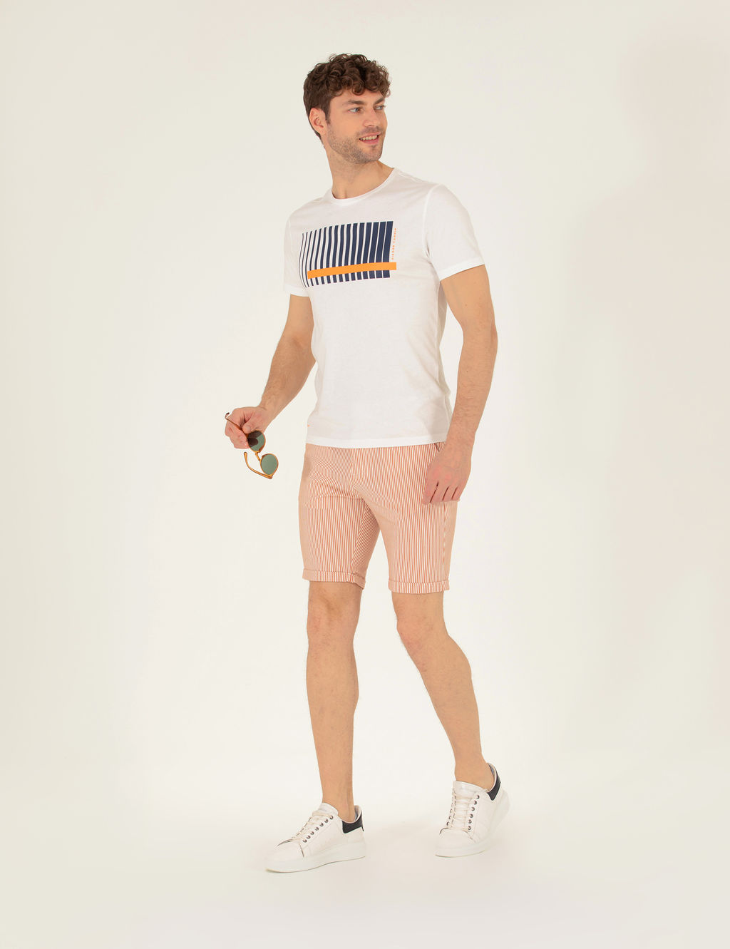 Turuncu Slim Fit Beli Lastikli _izgili Ba_c_kl_ Bermuda _ort