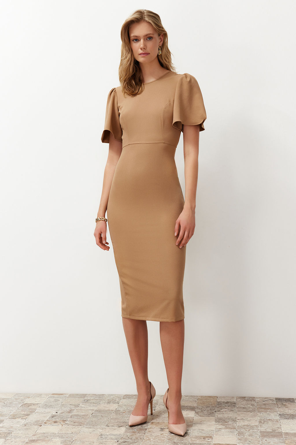 Vizon A Kesim Kolda Pili Detayl? Midi Kalem Etek Dokuma Elbise TWOSS24EL00659