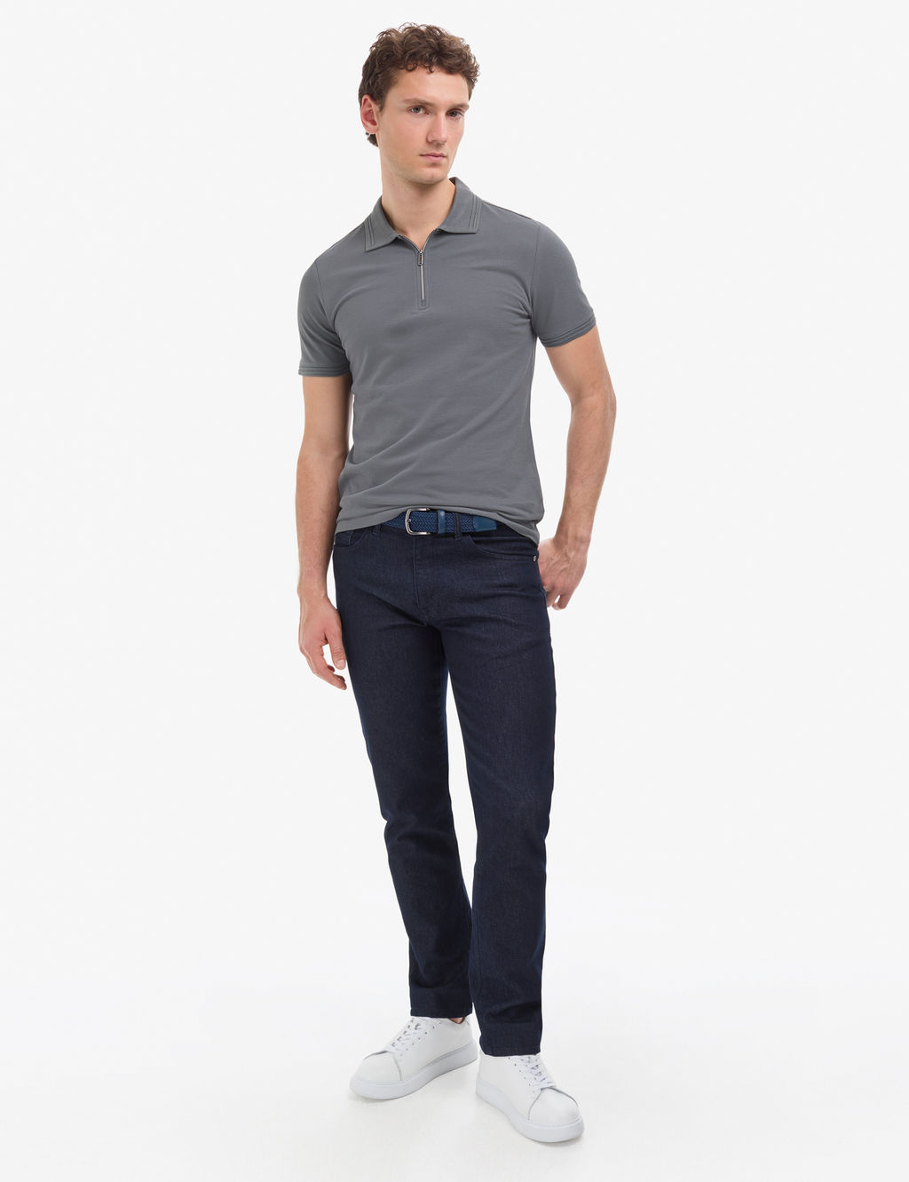 Antrasit Slim Fit %100 Pamuk K_vr_lmaz Fermuarl_ Polo Yaka Basic Ti__rt