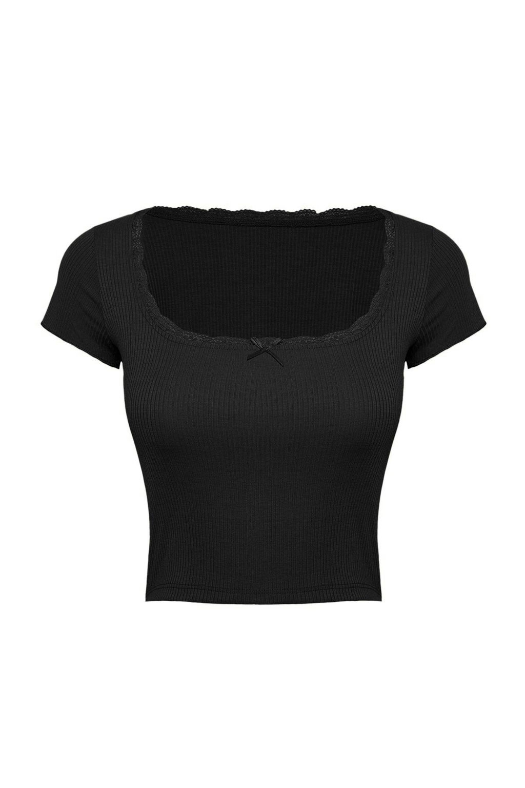 Siyah Dantel Detayl? Fitted/Vucuda Oturan Kare Yaka Crop Orme Bluz TWOSS25BZ00005