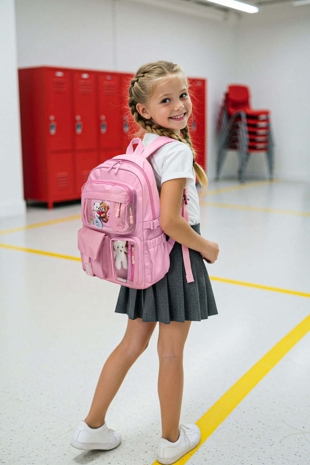 Pembe Kore Tarz? Aksesuarl?,Rozet Detayl? ve Ay?c?kl? Kids Okul S?rt Cantas? TAKAW26OI00004