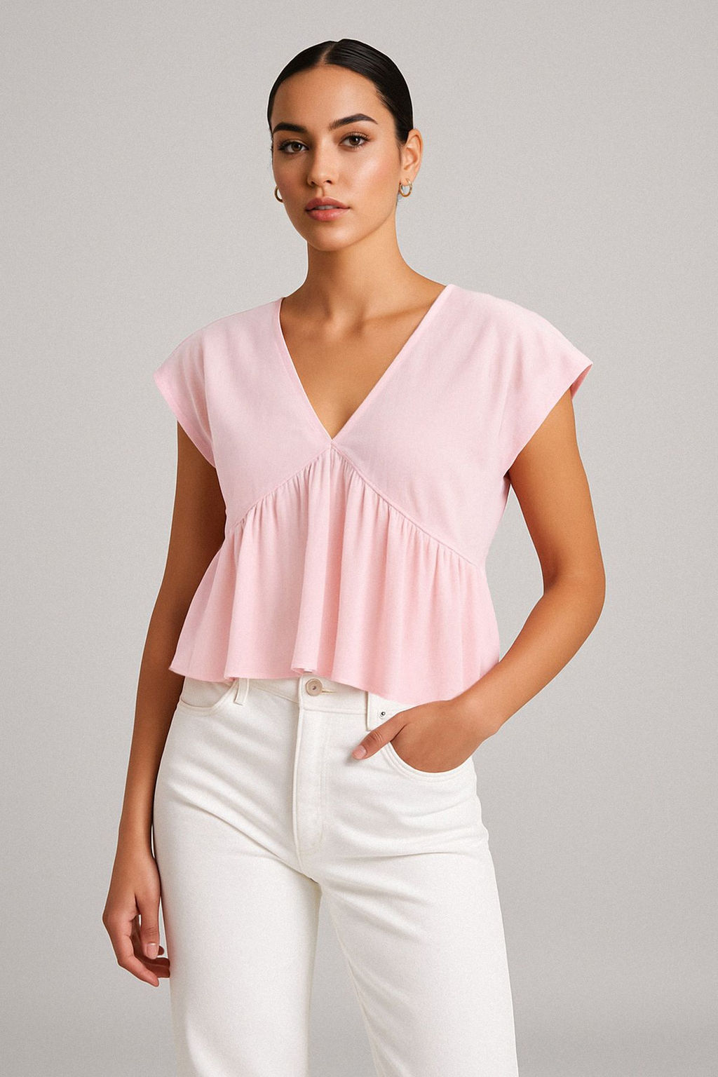 Pembe V Yaka Dokumlu Dokuma Yumusak Tuseli Bluz TWOSS25BZ00582