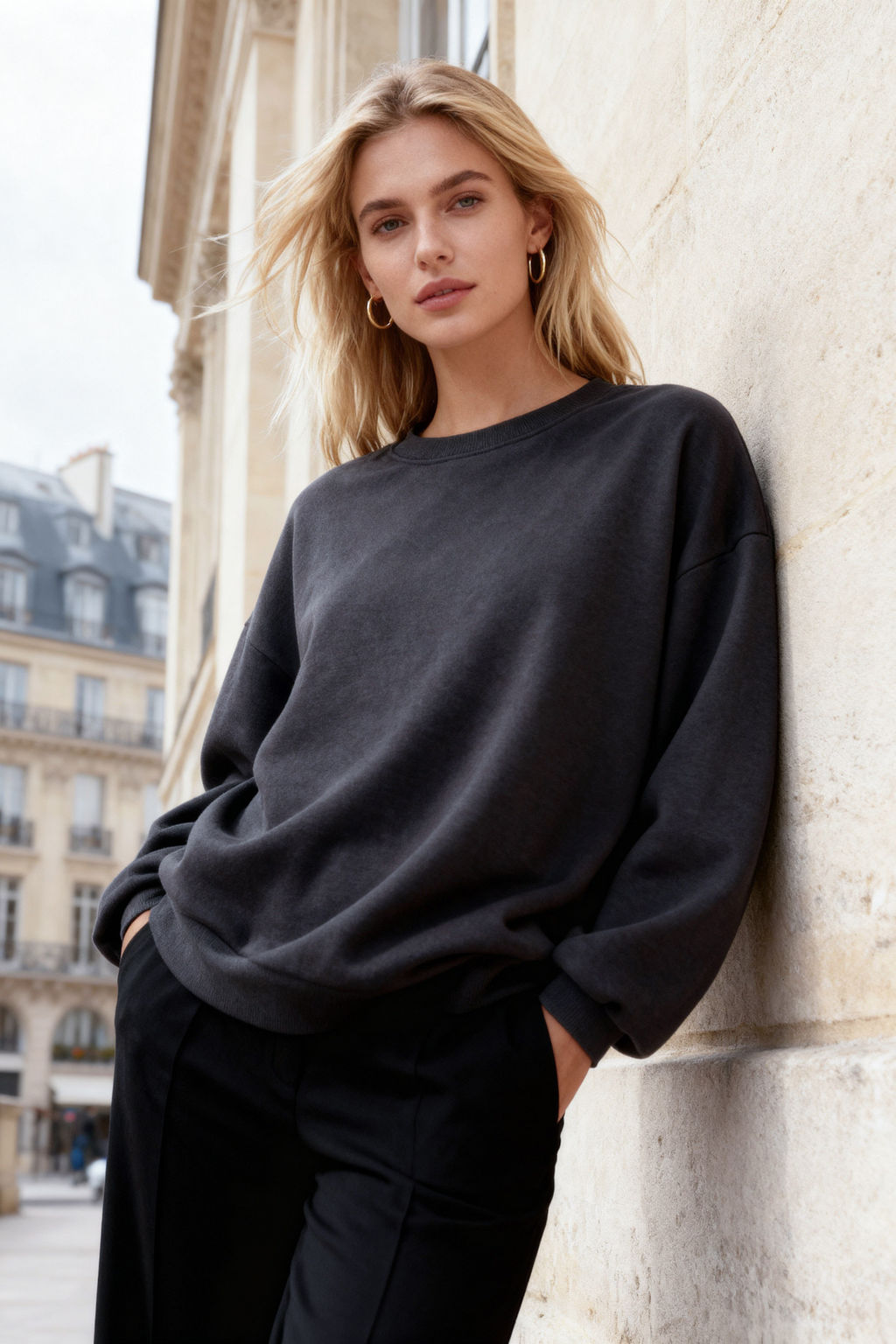 Antrasit Oversize/Rahat Kesim Basic Bisiklet Yaka Kal?n/Ici polarl? Orme Sweatshirt TWOAW24SW00102