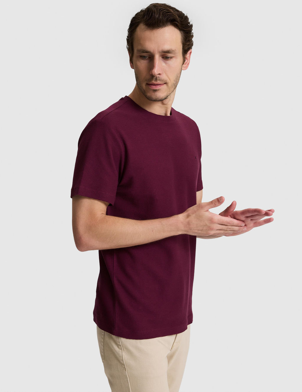 Bordo Slim Fit Saf Pamuk _nce Fitilli Bisiklet Yaka T-shirt