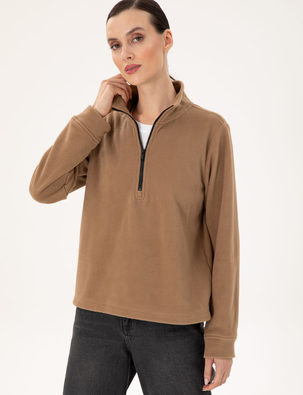Camel Comfort Fit Fermuarl_ Polar Sweatshirt