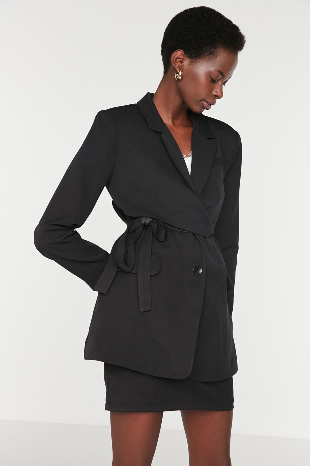 Siyah Kusakl? Regular Astarl? Kruvaze Kapama Dokuma Blazer Ceket TWOAW21CE0320