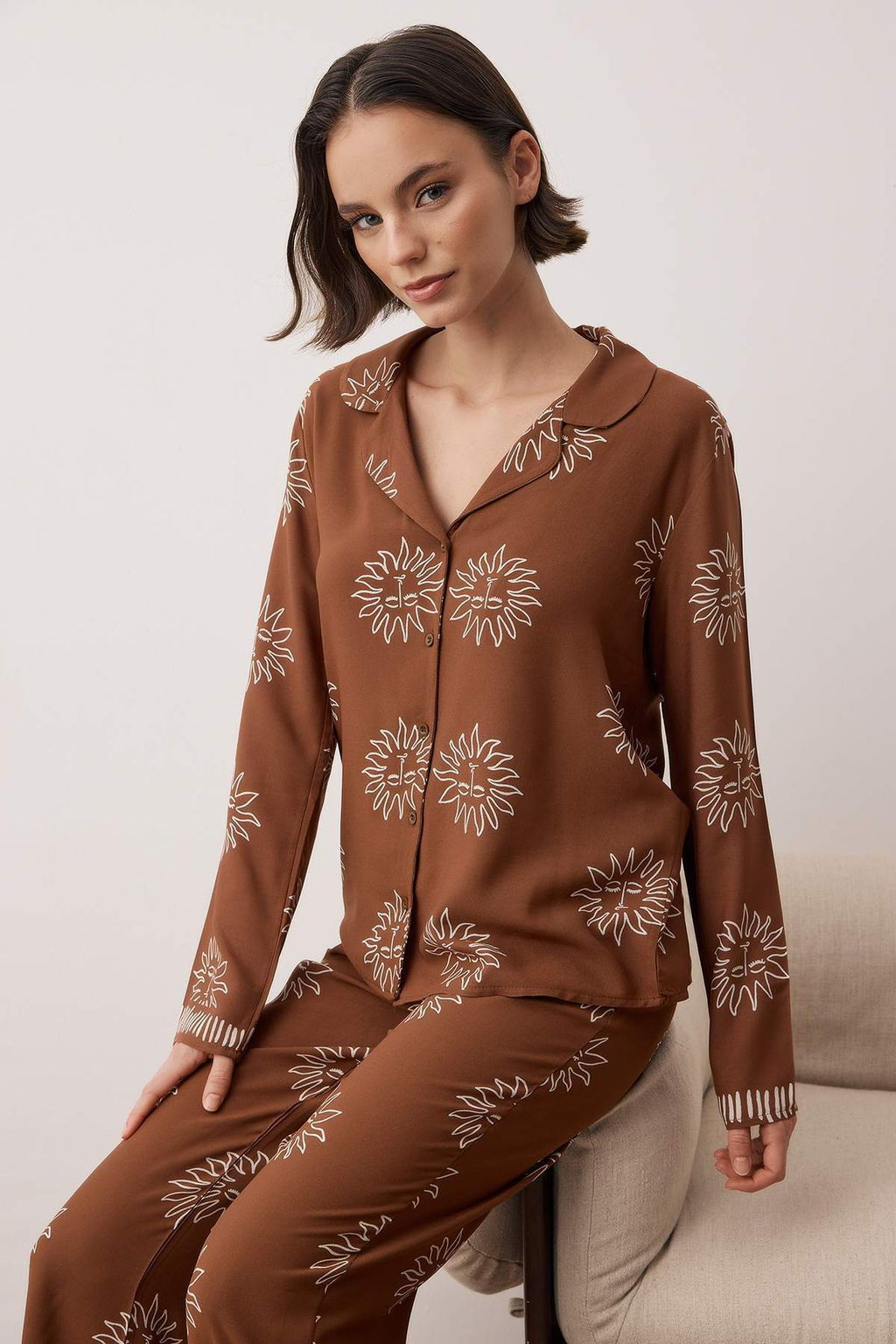 Trendyolmilla Lacivert Gunes Desenli Viskon Dokuma Pijama Tak?m? THMAW25PT00034  фото 17