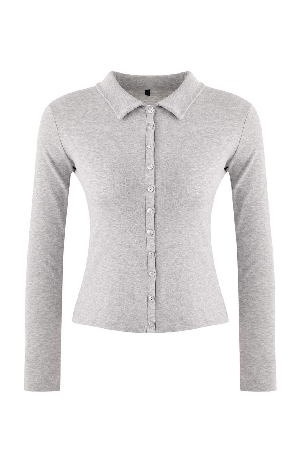 Gri Melanj Fitted/Vucuda Oturan Polo Yaka Dugmeli Pamuk Ribana Orme Bluz TWOSS26BZ00066